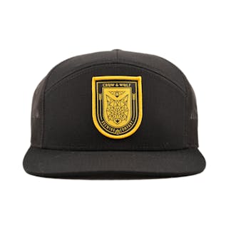 Panel Hat with mesh back and Crow and Wolf shield badge on front and front angle