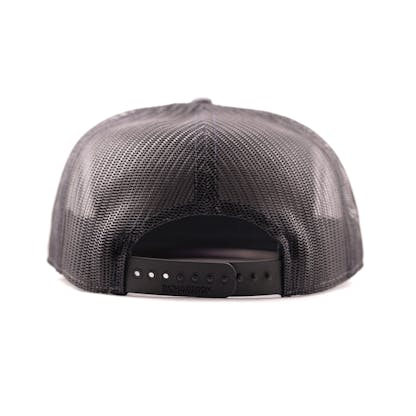 Black camouflage hat with mesh back and shield logo on front in rear view