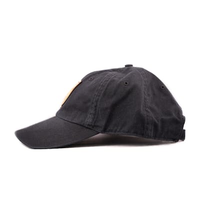 floppy hat in black with leather patch logo on front and side angle