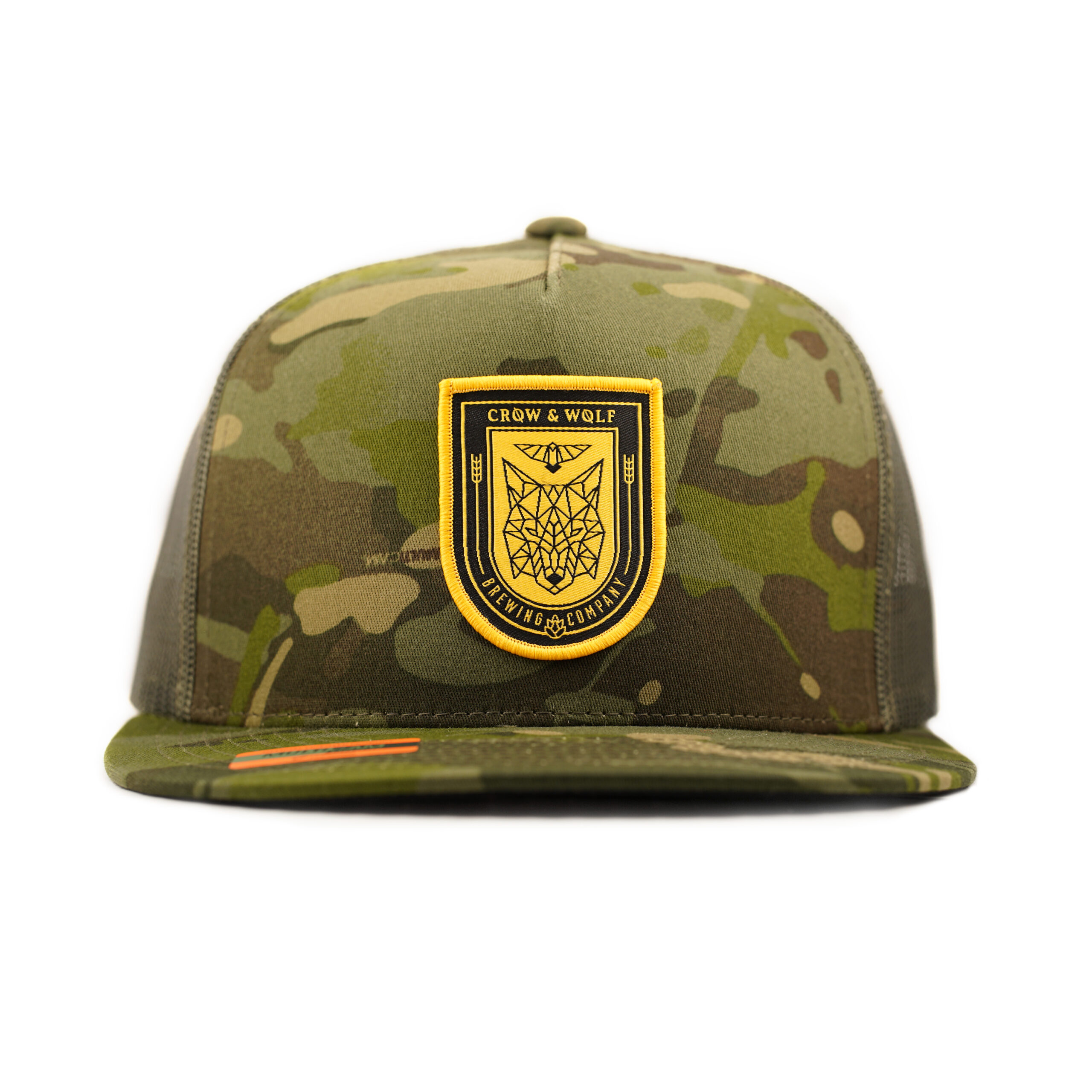 camouflage hat with mesh back and shield logo on front and front angle