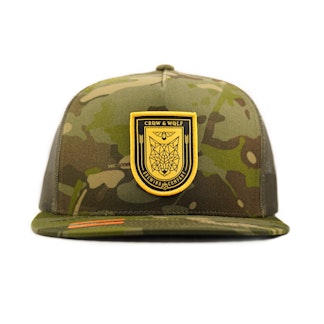 camouflage hat with mesh back and shield logo on front and front angle
