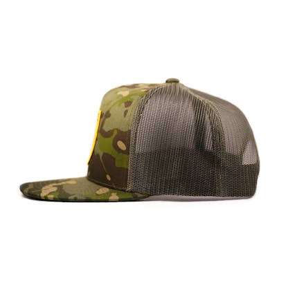 camouflage hat with mesh back and shield logo on front and side angle