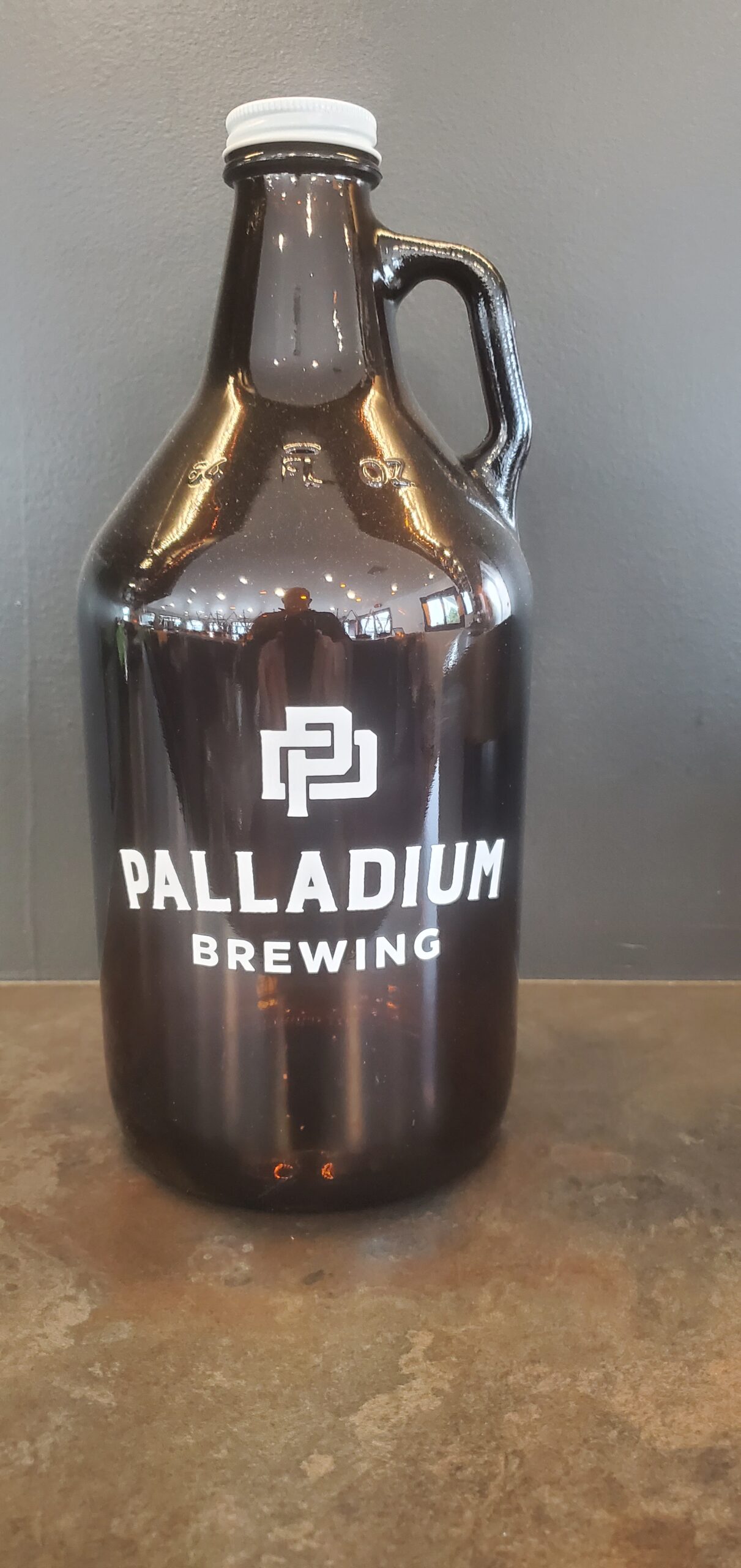 Brown Glass Growler with Palladium Brewing and Logo