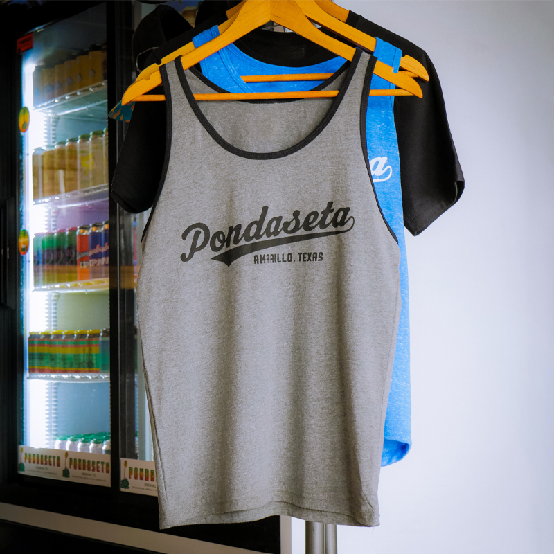 grey tank-top with pondaseta printed on front
