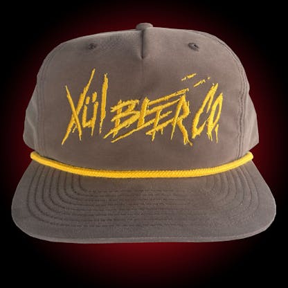 brown grandpa hat with our yellow thrasher logo & a matching yellow cord - front view