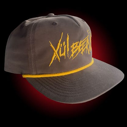 brown grandpa hat with our yellow thrasher logo & a matching yellow cord