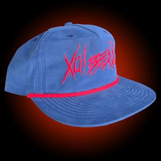 navy grandpa hat with our thrasher logo in red and a matching red cord