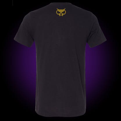black tee with gold skull head icon