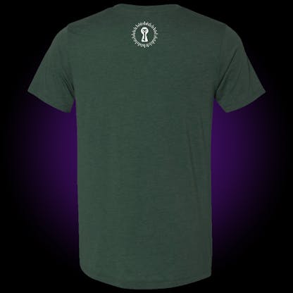 green tee with our burst keyhole logo on the back