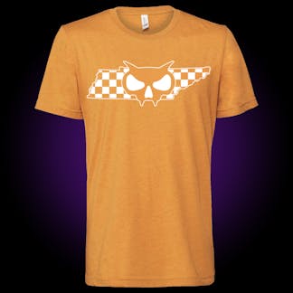 orange shirt with our fanghead icon over a checkerboard tennessee silhouette