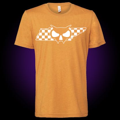 orange shirt with our fanghead icon over a checkerboard tennessee silhouette