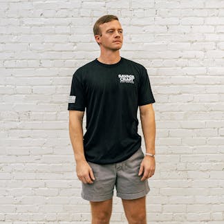 Black short sleeve T-shirt with "Savage Craft" small logo on front left 