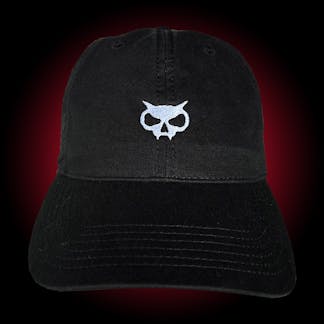 Black dad hat with white fanghead embroidered on the front and Xul logo on the back