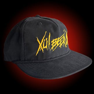 Black grandpa hat with yellow thrasher xul logo and a black cord.
