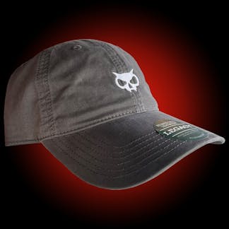 Gray dad hat with white fanghead on the front and white Xul logo on the back.