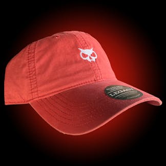 Red Dad hat with white fanghead on the front and white Xul logo on the back.