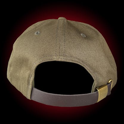 Leather strapback on premium cotton olive 5-panel hat.