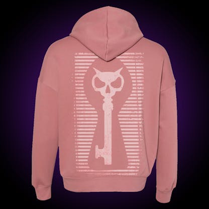 Salmon hoodie with distressed keyhole on the back and white Xul logo on the front