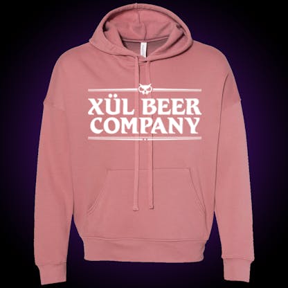 Salmon hoodie with white Xul logo on the front and distressed keyhold on back