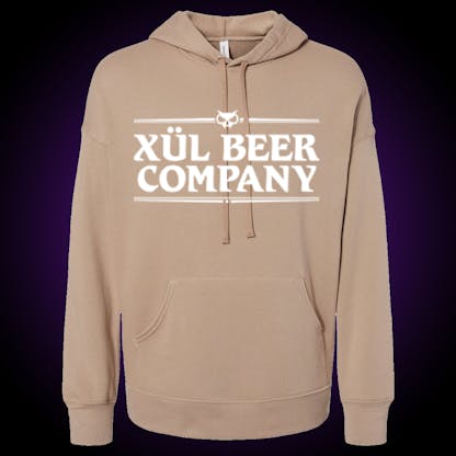 tan hoodie with white Xul logo on front and distressed keyhole logo on back
