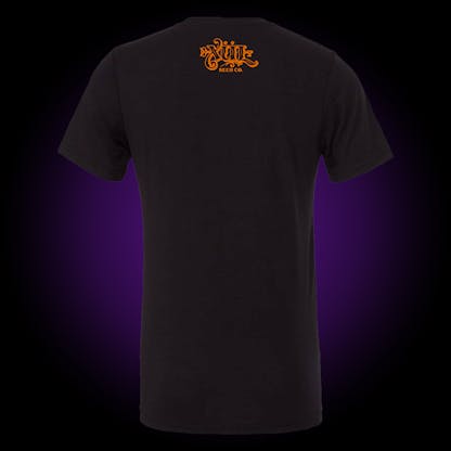 black tee with small orange xul logo at top of neck