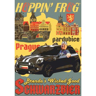 Brenda's Wicked-Good Schwarzbier label. Lady in a car with czech buildings behind it.