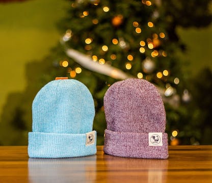 light teal and maroon cuff beanies