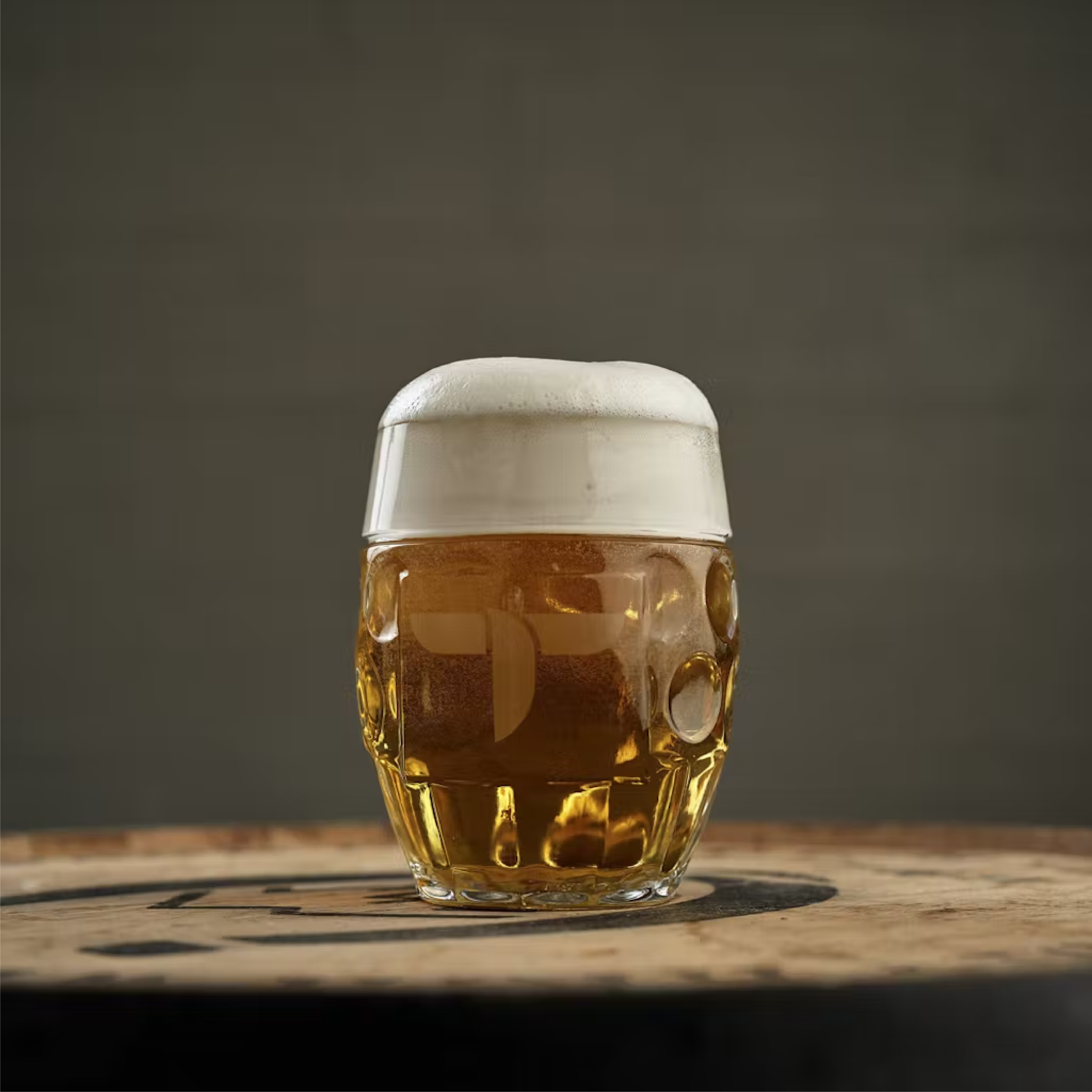 Pub mug filled with a light color lager beer. Sitting on top of a barrel.