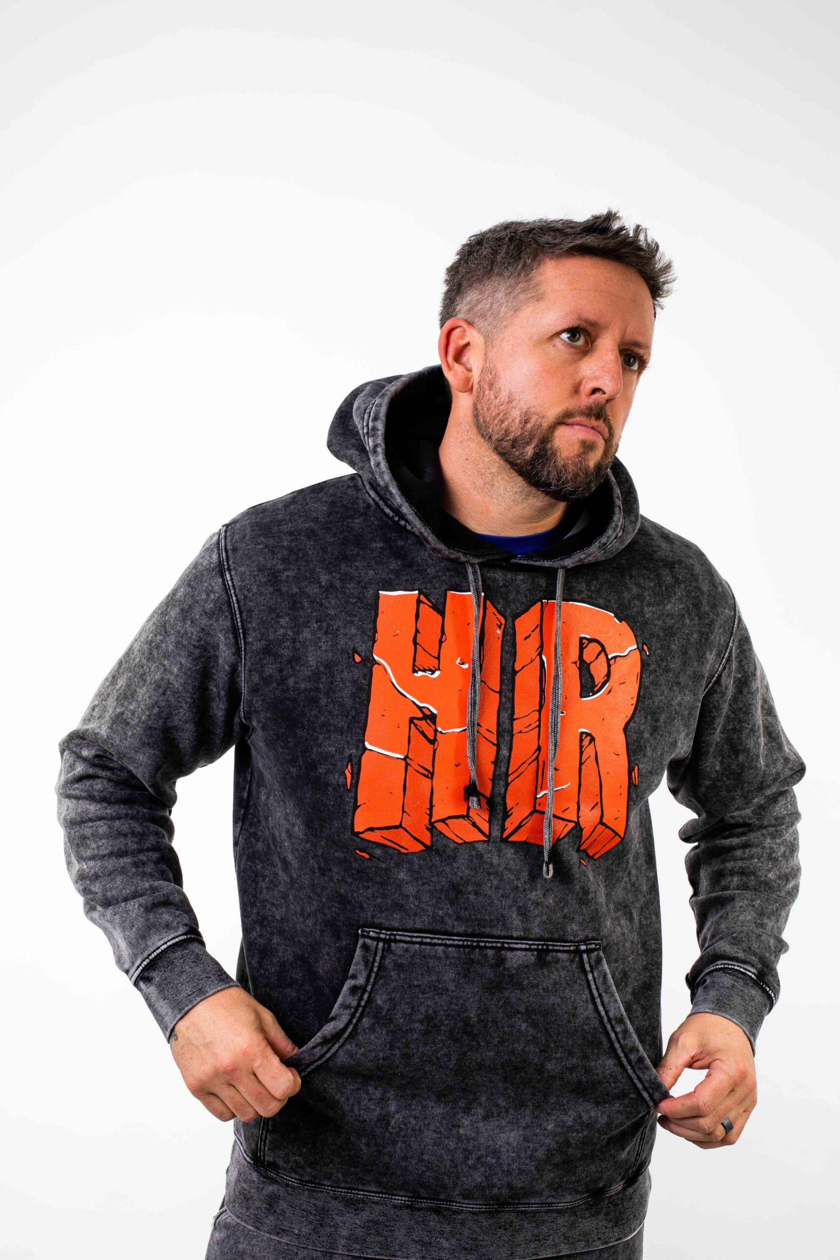 Black sweatshirt with online orange writing