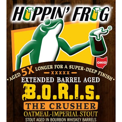 label for Extended Barrel-Aged BORIS with frog holding a beer glass