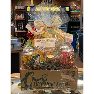 Holiday Gift Basket for $75 filled with beer and merch