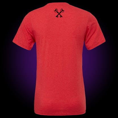 Red shirt with Xul Logo in black on front with small black cross key at neck