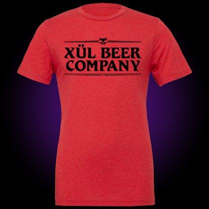 Red tee with Xul Beer Company Logo on chest in black letters