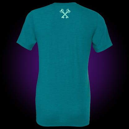 Teal tee with small crosskey logo in mint on the back at neck