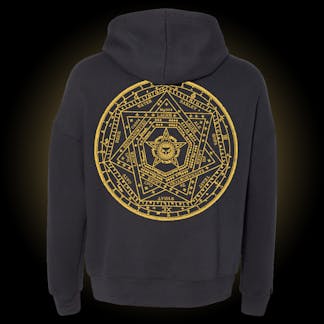 black hoodie with gold xul alchemy logo