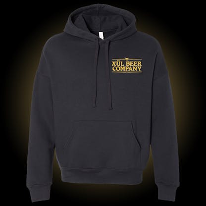 black hoodie with gold xul wordmark on left chest