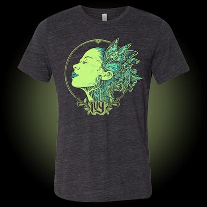 Charcoal Blacy slub tee with green graphic of woman's profile with green butterflies for hair