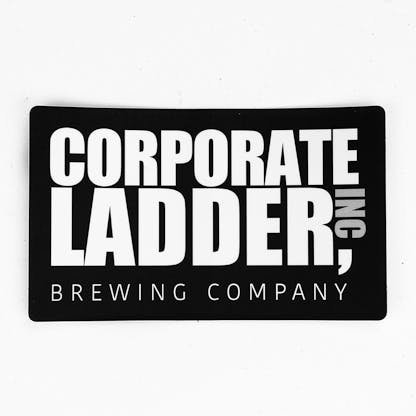 Rectangular Corporate Ladder Dunder Mifflin Logo Sticker on black background with white text