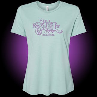 dusty blue tee with classic xul logo in violet on front