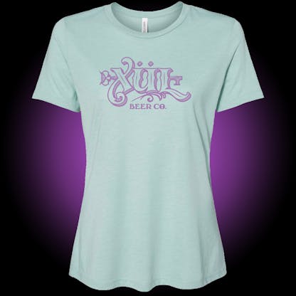 dusty blue tee with classic xul logo in violet on front