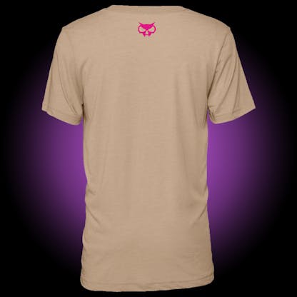 tan tee with pink xul fanghead logo at top of neck