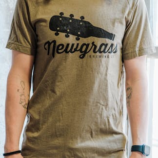 Army green short sleeve t-shirt with large Newgrass Brewing logo in black