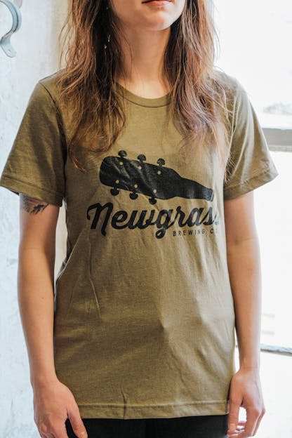 Army green short sleeve t-shirt with large Newgrass Brewing logo in black