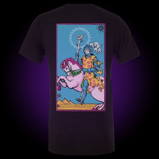 black tee with tarot card knight on a horse image on the back