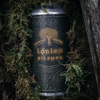Can of beer nestled in moss on a log.