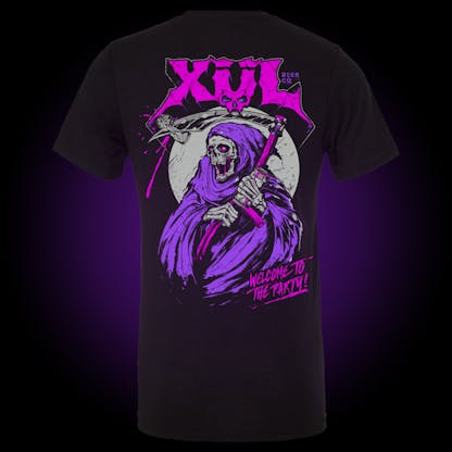 black and purple grim reaper with xul logo on back