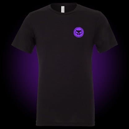 black and purple fanghead round logo on front right chest