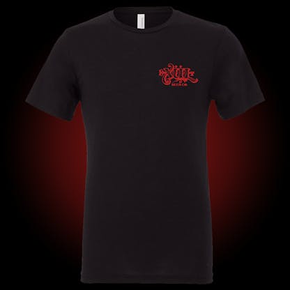 black tee with red Xul logo on front left chest