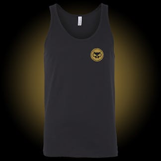charcoal black tank with gold circle fanghead logo on front
