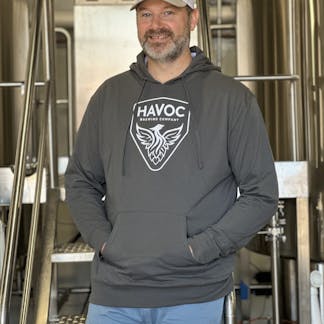 grey hoodie sweatshirt with Havoc Brewing logo in white